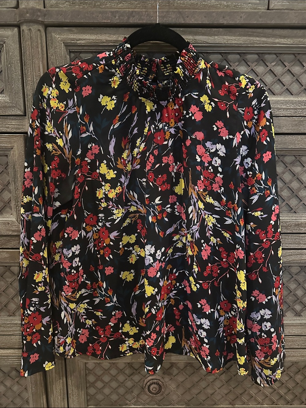Allison Joy Black Floral Mock-Neck Blouse with Red & Yellow Flowers